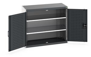 Heavy Duty Bott cubio cupboard with perfo panel lined hinged doors. 1050mm wide x 525mm deep x 900mm high with 2 x100kg capacity shelves.... Bott Industial Tool Cupboards with Shelves